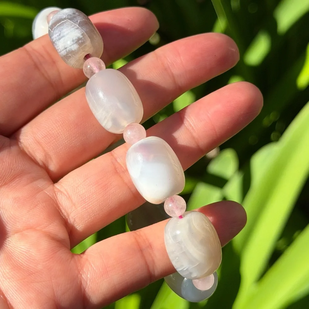 14mm stretchable barrel‎ shape milky agate rose quartz bracelet 0401